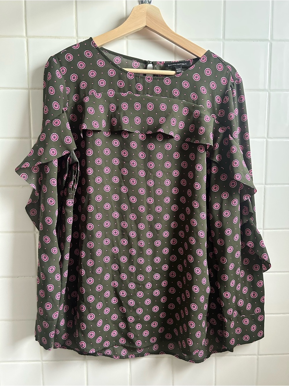 Banana Republic Patterned Ruffle Blouse in Olive and Pink